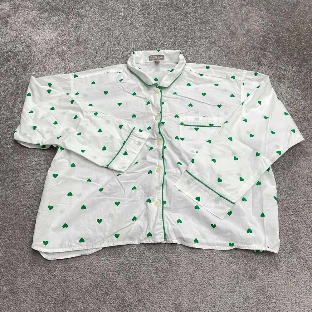 J.Crew Button Down Sleep Shirt Womens XL White Green Heart Print Sleepwear Top